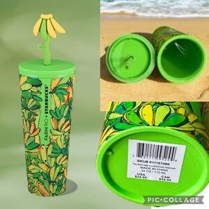 Starbucks x Farm Rio Yellow/Green Tropical Banana Tumbler with Straw Topper 24oz